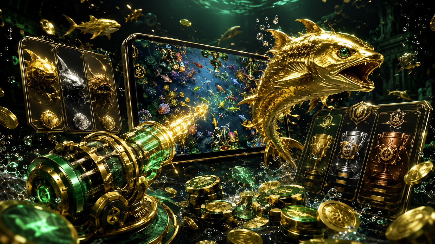 Màn hình tải game bắn cá với điện thoại, cá vàng và nút tải màu xanh
