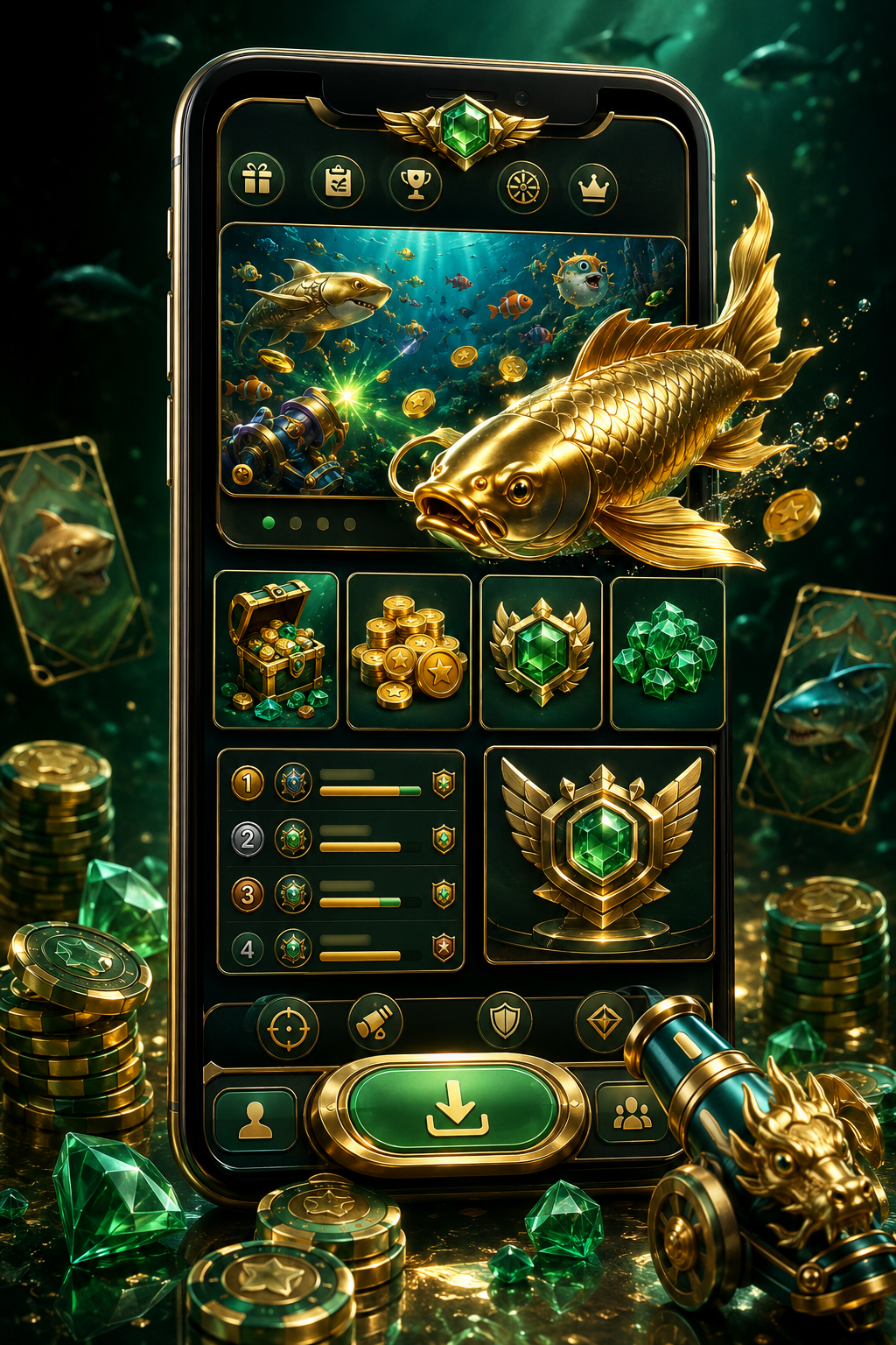 Điện thoại hiển thị app bắn cá xanh vàng với cá vàng và nút tải